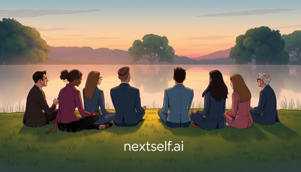 A diverse group reflecting together in a calm, warmly lit room.