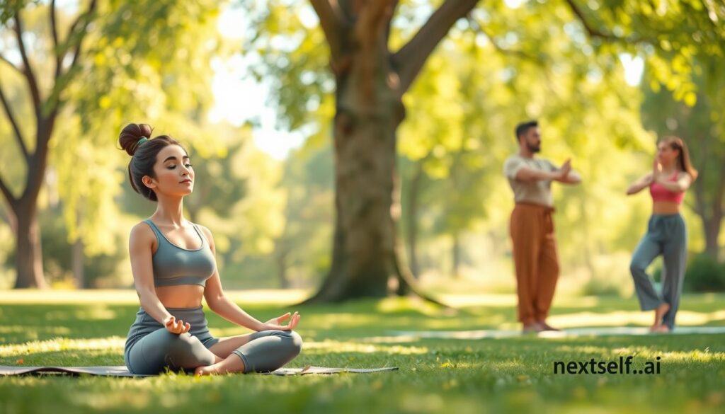 Four people practising mindfulness and gentle movement in a sunlit park.