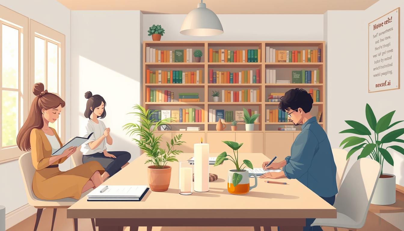 An illustrated calm study room where people read, journal, and reflect together among plants and books.